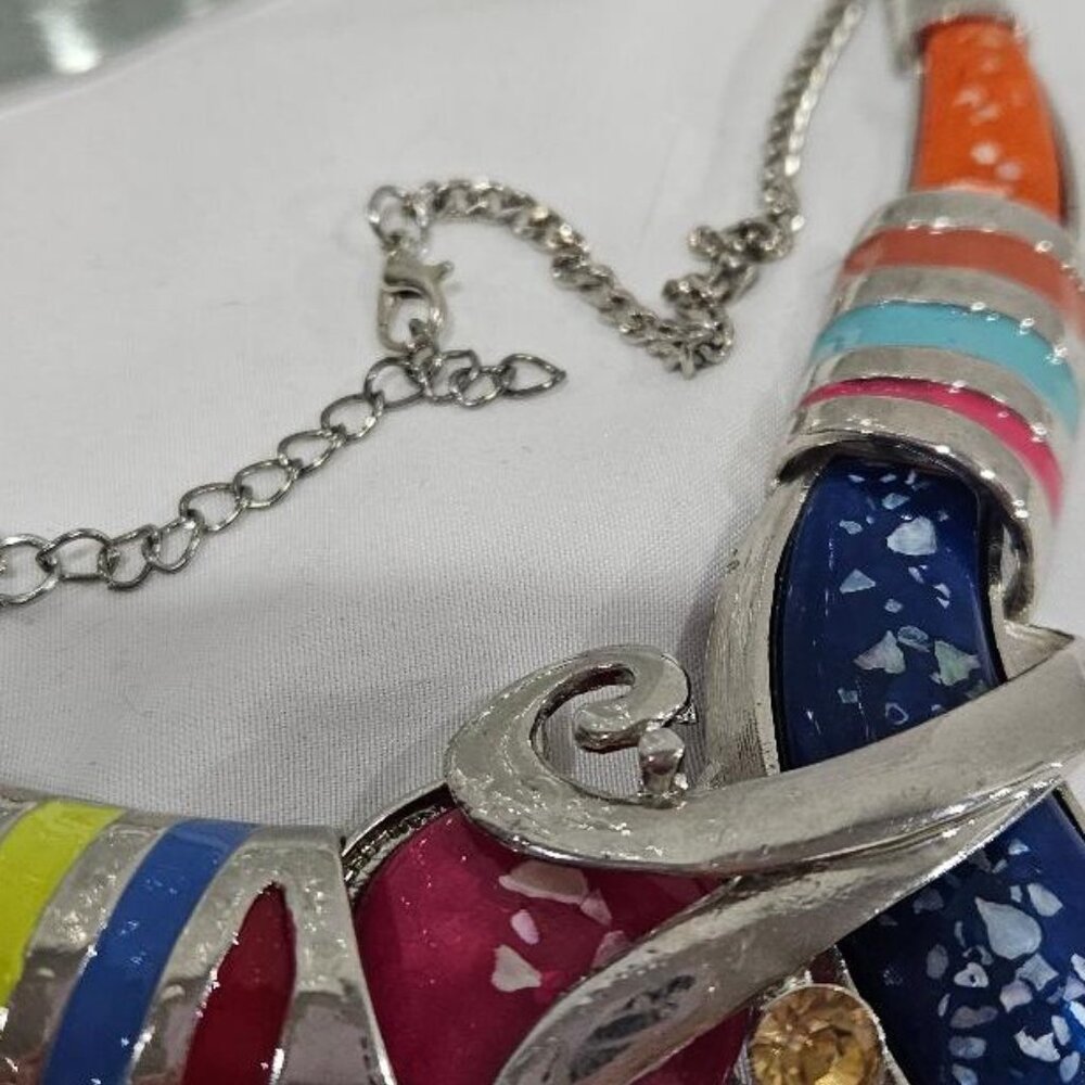 ARTISTICALLY CRAFTED BLUE ORANGE PINK GREEN ACRYLIC SILVER CHOKER NECKLACE BOLD - Picture 2 of 5